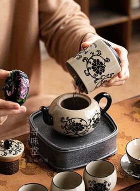 民窑雕花茶壶整套茶具复古磁州窑青灰釉陶瓷功夫茶器礼盒套装