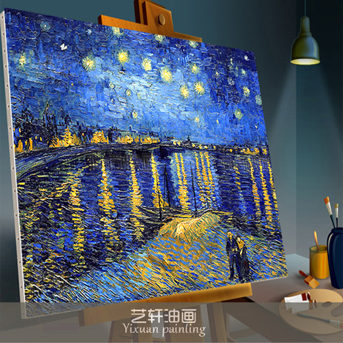 梵高星空下的罗纳河纯手绘油画客厅酒吧咖啡厅卧室抽象无框装饰画