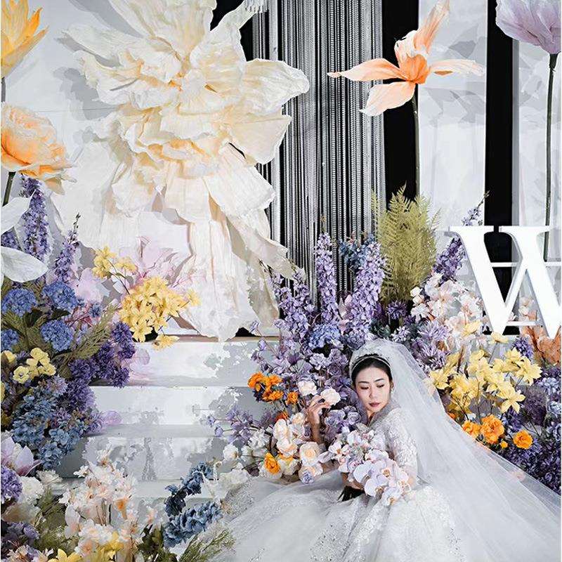 婚庆婚礼纸花巨型纸艺大型手工立体鸾尾香槟皱纹美塑材料仿真背景