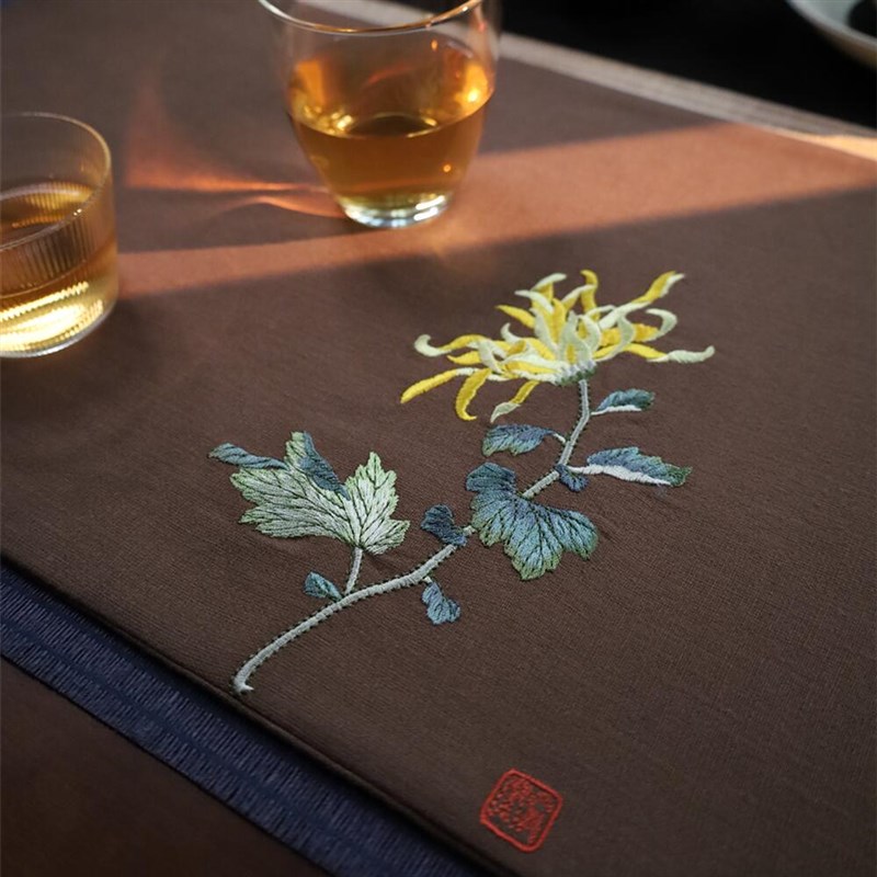 引之长寿菊刺绣茶垫水洗棉麻茶席布艺礼品复古茶布中式干泡茶道