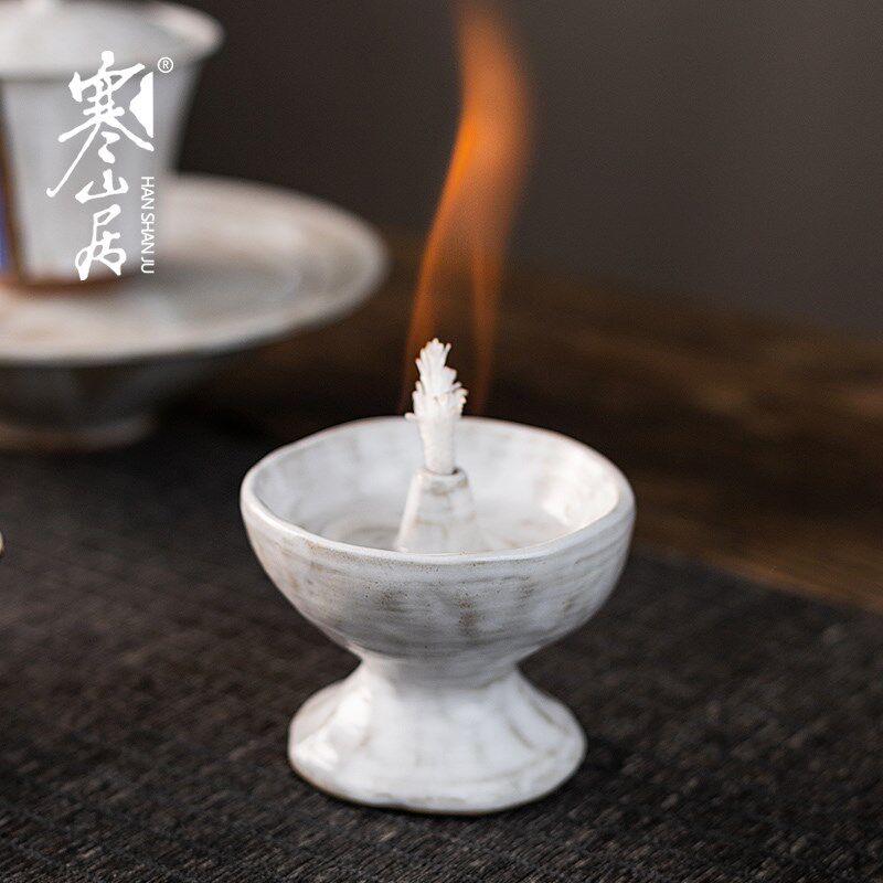 意山居手工捏陶瓷酥油灯复古香油灯盏室前供灯禅寒茶佛灯烛台摆件
