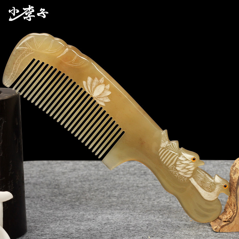 天然牛角梳雕花梳大号卷发宽齿防白水牛角梳静电梳子