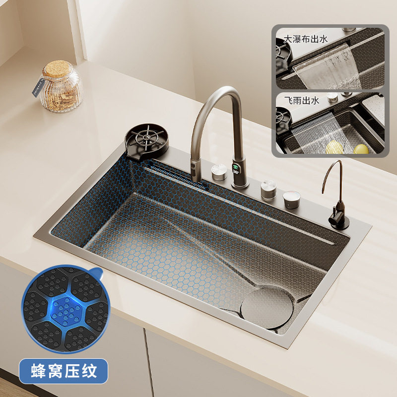 4mm海洋之星数显感应双瀑布蜂窝压纹不锈钢水槽台控下水大单槽Y11