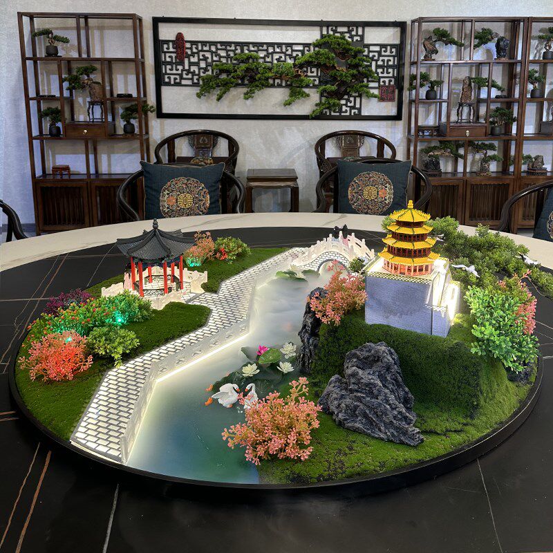 大圆桌光盘装饰餐桌摆间中花遥控雾化灯转桌芯酒店饭店微景观摆件
