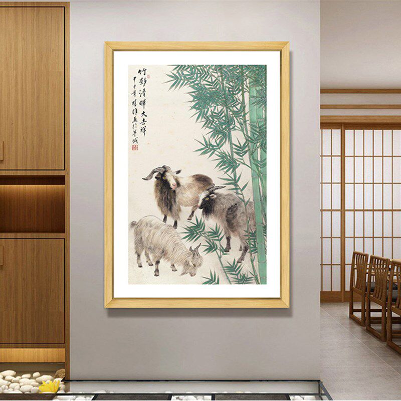 三只羊挂画 招财玄关国画中堂客厅挂画走廊装饰画 三羊开泰