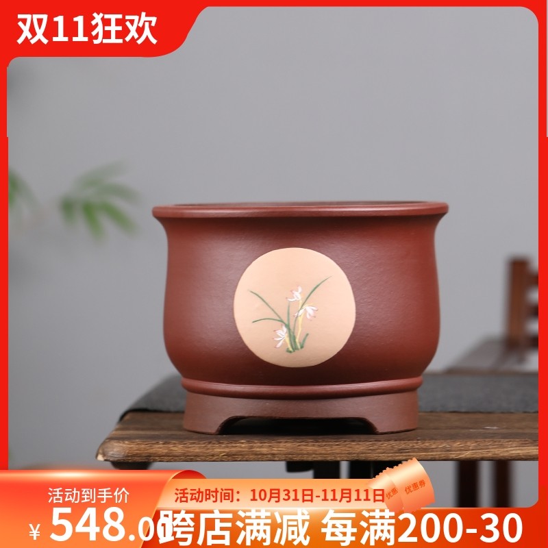 清香阁紫砂 潘涛彩绘镜面圆口花盆 精美室内绿植君子兰盆景桌面花