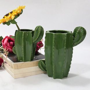 花瓶居家书房床头阳台客厅家居桌面装饰摆件陶瓷深绿色仙人掌花盆