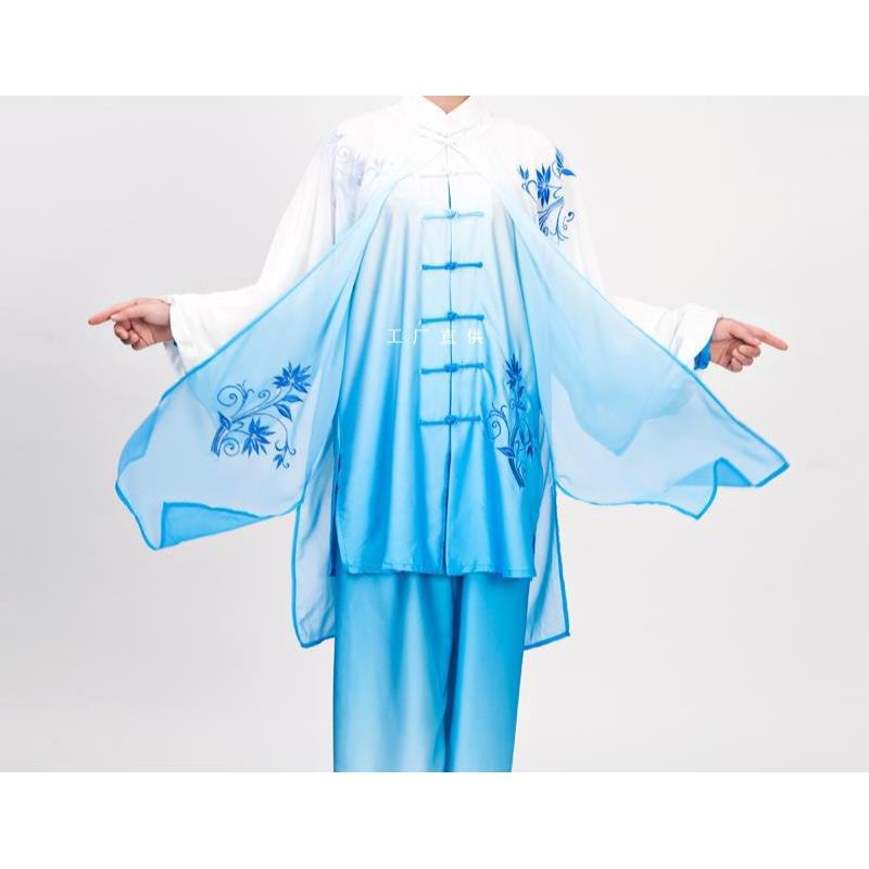 小和山太极服女刺绣青花渐变色披纱三件套武术表演比赛服男练功服