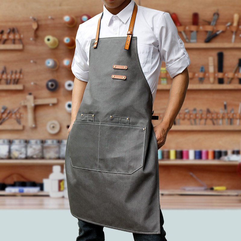 牛画肩带牛仔围裙咖啡店理发G时尚工作服西餐厅酒吧绘皮定制LO师O