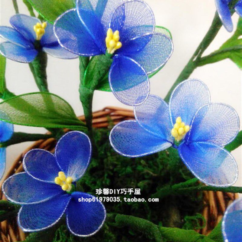 DIY丝网花丝袜花成品 纯手工制作 仿真花成品 藤编花篮+扇子花