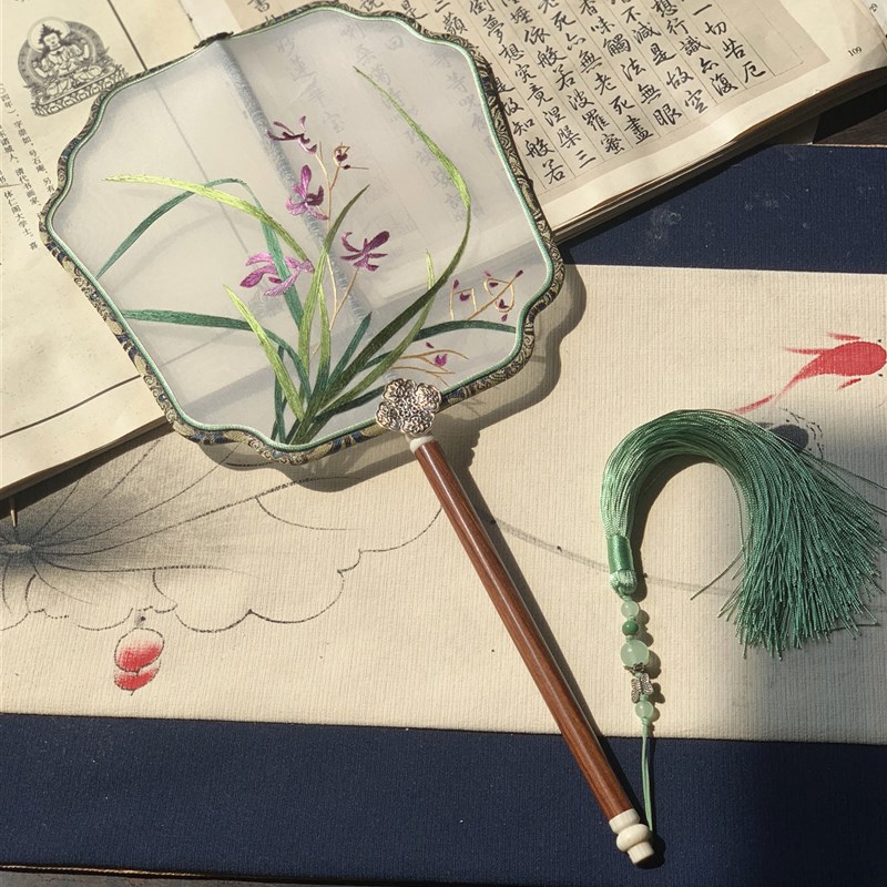 苏绣扇子面手工古风刺绣中面曲纯扇宋锦勾边扇苏州团扇双国风汉服
