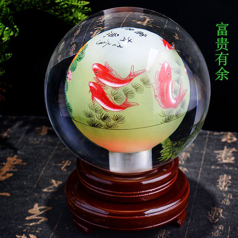 内画水晶球摆件牡丹花八骏图迎客松富贵鱼花开富贵五牛图中式家居