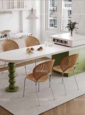 法式奶油风岩板岛台餐桌一体可伸缩小户型新款家用葫芦脚绿色倒台