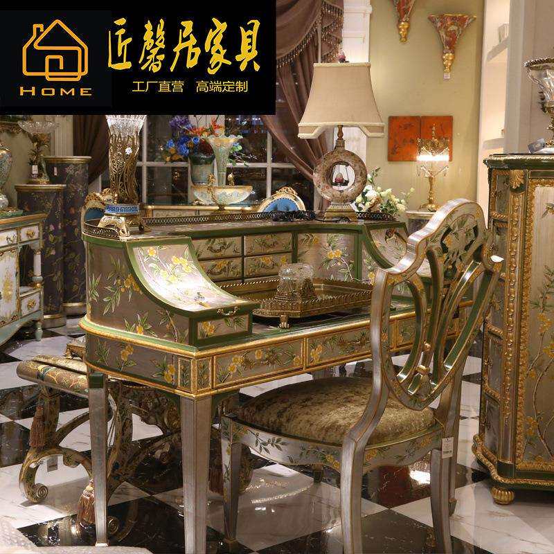 法式宫廷贴金银箔彩绘花鸟琴台书桌椅梳妆台椅组合家具