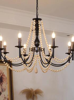 美式复古客厅吊灯中古风黑色蜡烛大厅主灯法式餐厅浪漫珍珠卧室灯