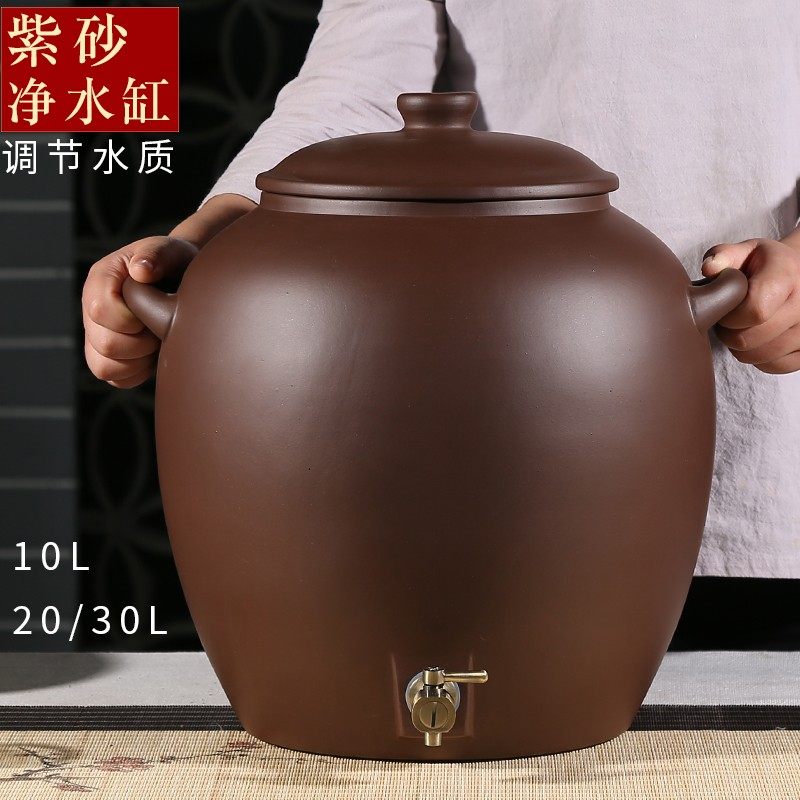 新款纯紫砂水缸无釉储水罐带龙头大号净水缸陶瓷过滤抽水茶水桶