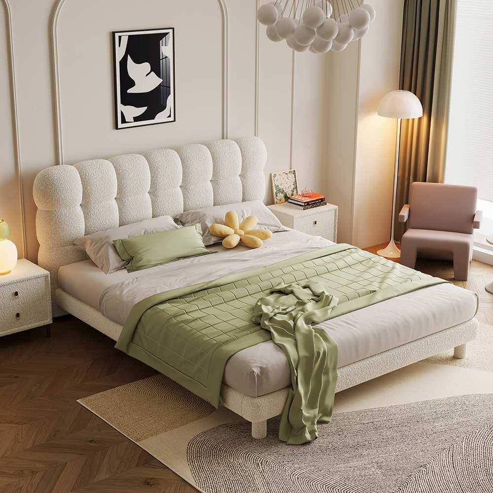 现代简约奶油风布艺床卧室感应灯双人床泡芙床主卧大床软包储物床,3C数码配件,摄像机配件,淘宝优惠券,粉丝福利购,淘宝优惠卷