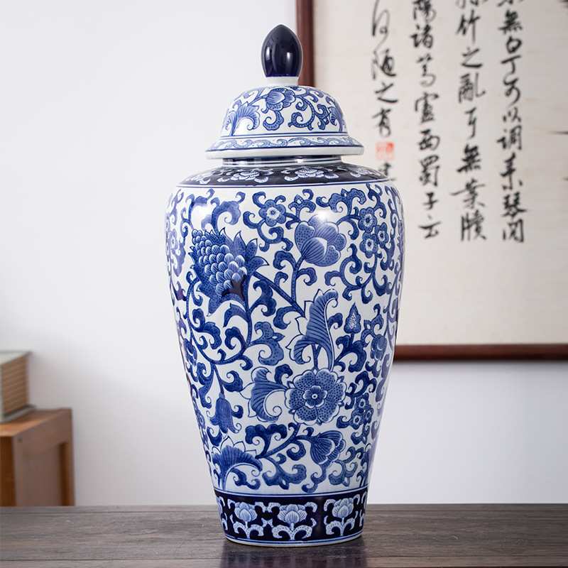 青花瓷缠枝莲落地大将军罐别墅中式陶瓷花瓶摆件大气陶瓷大花瓶