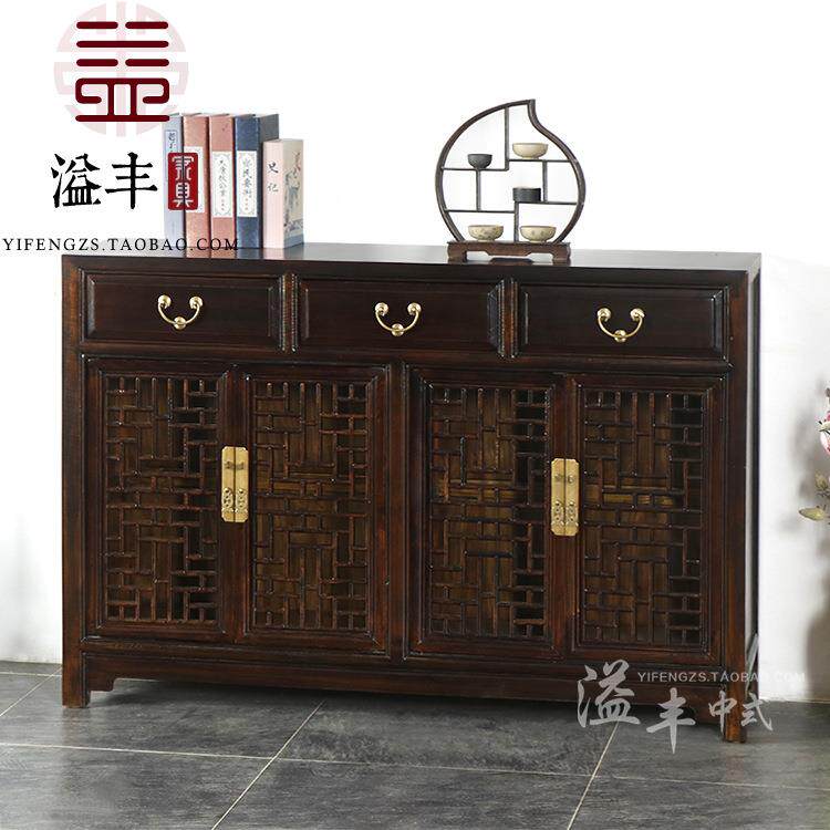现代中式简约榆木镂空花格大容量入门鞋柜实木储物柜客厅柜餐边柜