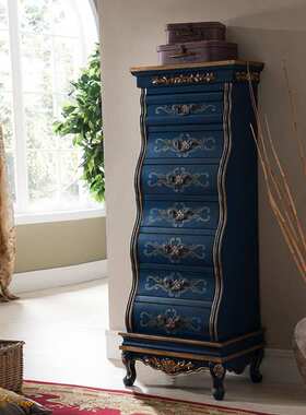 至高美式蓝色七斗柜复古雕花立柜收纳柜客厅边柜装饰柜卧室储物柜
