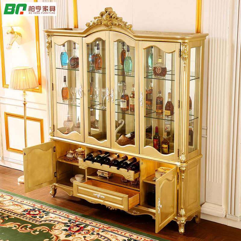 欧式酒柜实木雕花豪华客厅家具装饰柜香槟金色单门双门四门玻璃