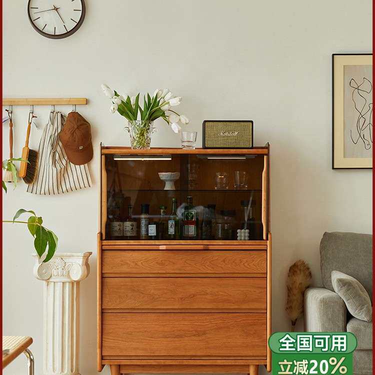 北欧实木边柜客厅樱桃木收纳柜多功能茶水柜卧室复古斗柜梳妆台