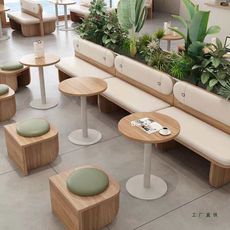 原木风奶茶店咖啡厅靠墙卡座沙发定 制蛋糕甜品店长条凳餐桌椅组