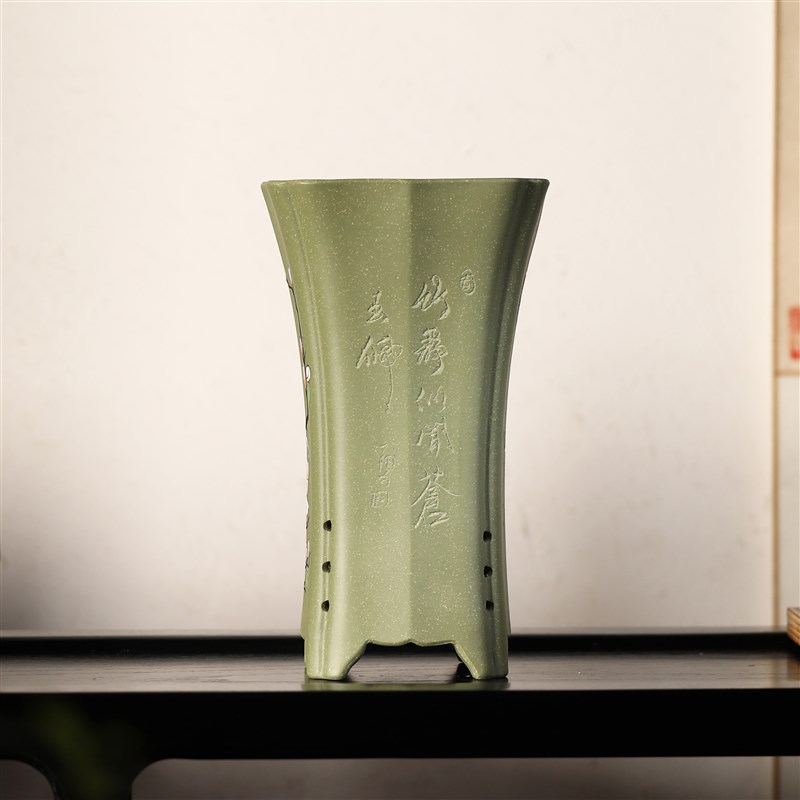 绘砂花盆瓷陶盆景盆苏玲名家盆手绘刻紫花鸟兰花盆绿泥兰盆