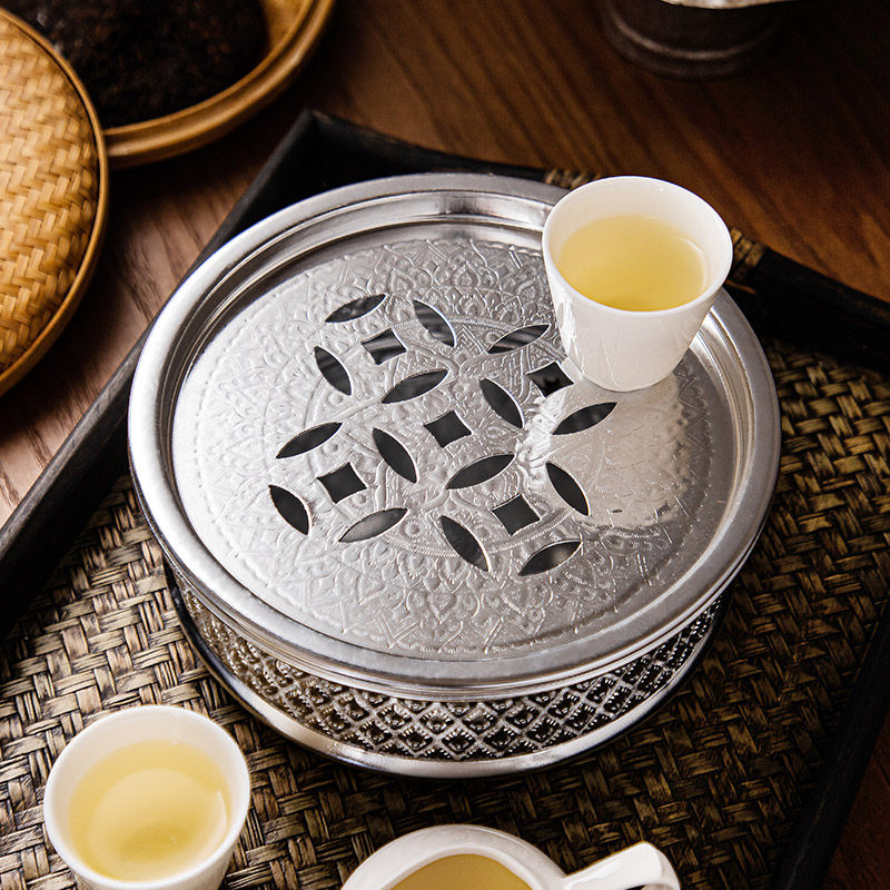 泰式锡制茶盘家用茶海沥水盘圆形储水盘办公会客干泡茶台茶具托盘