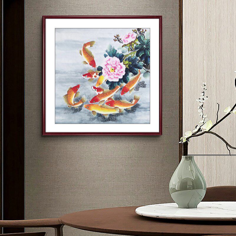 纯手绘定制花画国鸟画客厅玄无装饰四尺斗方关落款水墨牡丹九鱼图