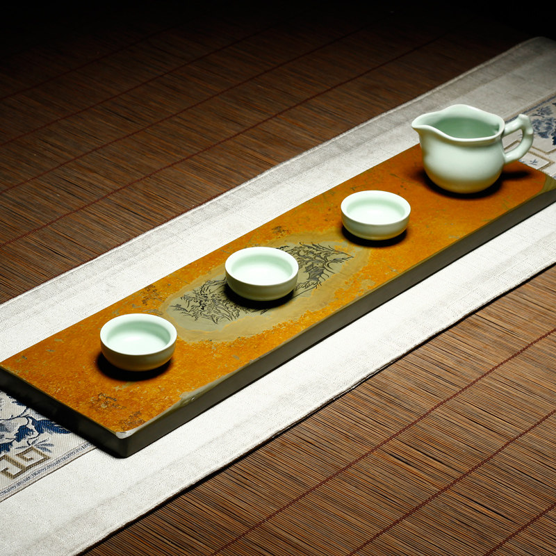 砚台家用茶盘新款办公室金皮原石茶具套装歙砚茶台台子方形干泡台