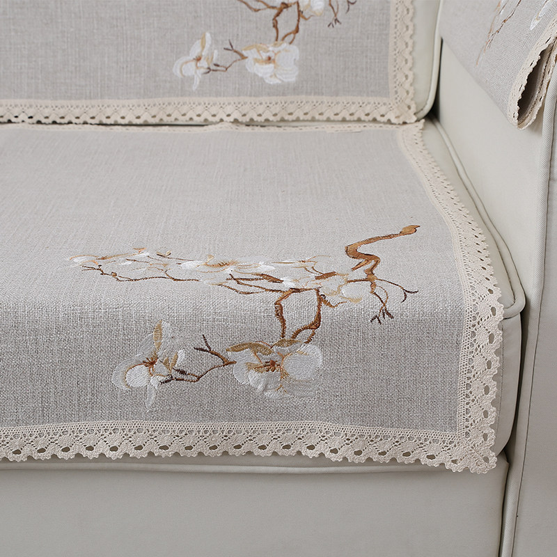 棉麻刺定中式亚麻沙发垫布艺加厚坐垫子沙巾发飘窗垫绣做