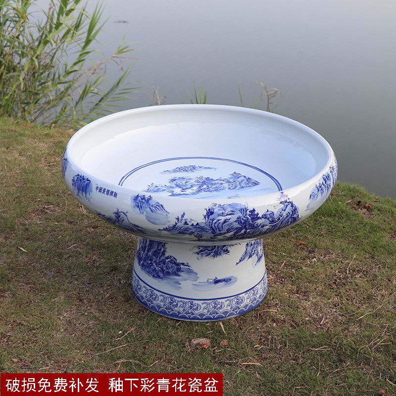 景德水陶瓷鱼立乌龟盆假山吸镇石盆景大号特大上水石盆青花瓷缸柱
