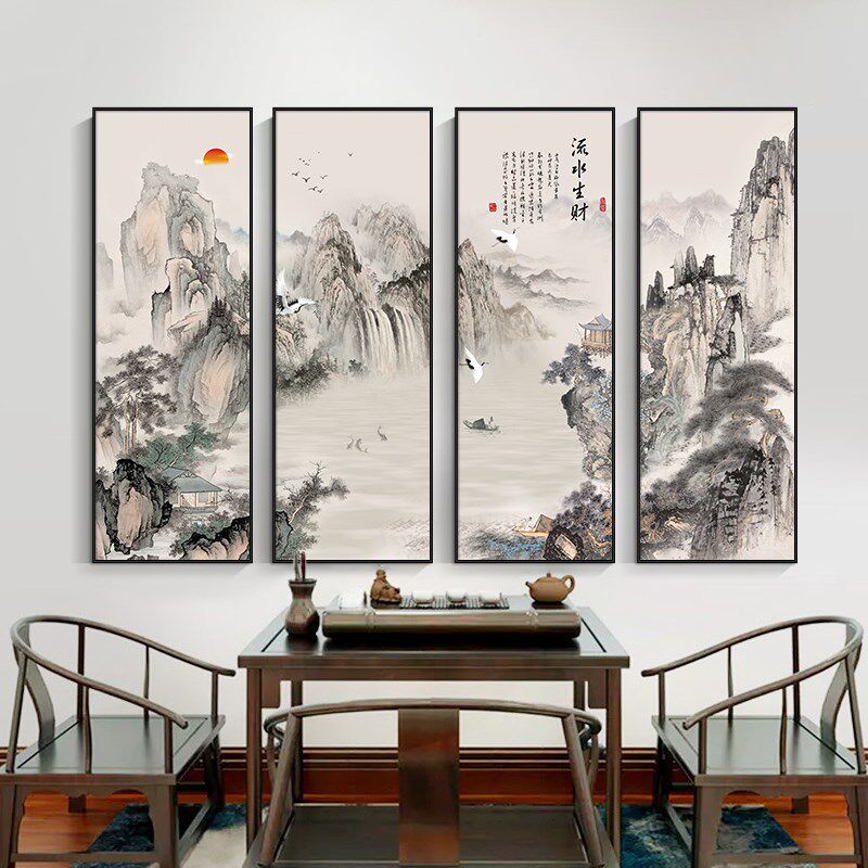 聚财山水画新景式中堂客厅背中墙装饰画茶室挂画四联画迎客松壁画