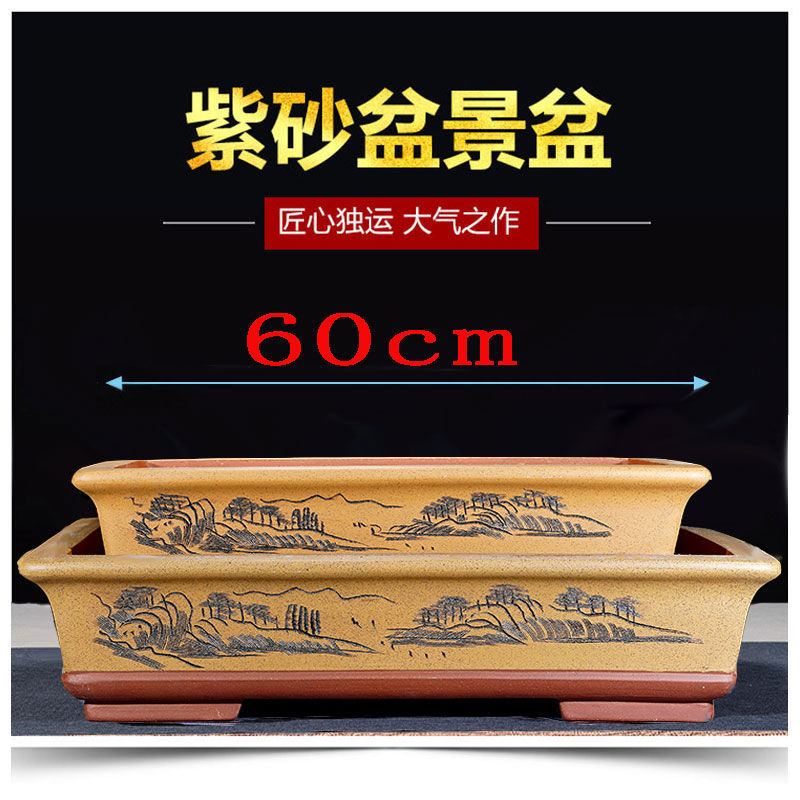 假砂花盆特大号 无工长方形手孔紫山吸水石有孔树桩花卉绿植盆景