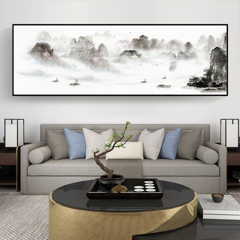 新墨式现代艺术水中山水床头墙客厅装饰画横版挂画抽象画酒店画画