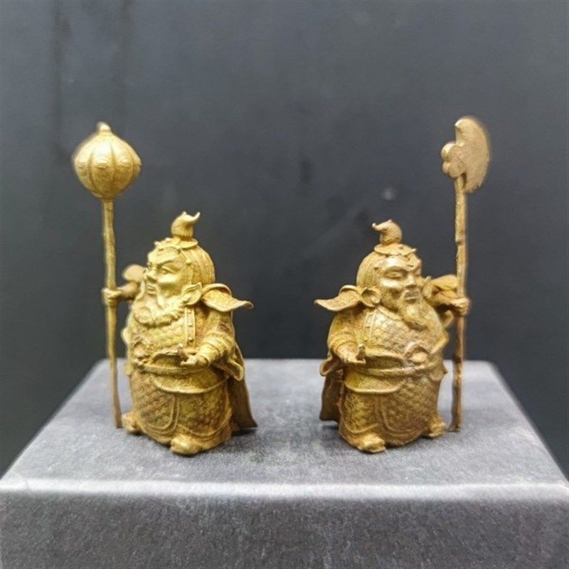 纯黄铜迷你哼哈二将小将军铠甲神话门神人物车载摆件客厅书房摆件