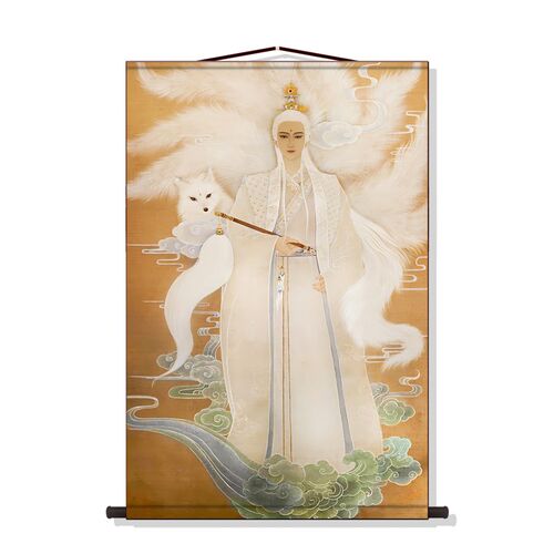 三尺款白九尾狐画像丝女三胡九霄帝君郭守真红紫狐挂画男绸卷轴画