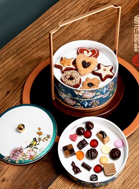 果罗嘉骨瓷创意仿德古盒干果盒点心盒国潮风家用食盒糕点盒茶点盘