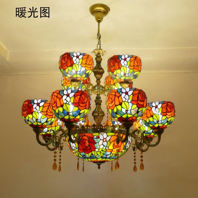 新款艺瑰复古彩色玻璃节间吊灯欧式客厅卧室餐厅房能铁玫合金灯具