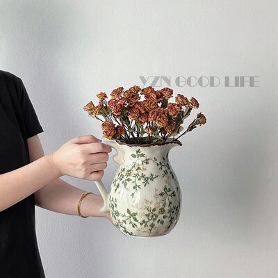 绿色繁花陶裂复古冰瓷摆瓶奶壶插干花水培器皿客厅餐桌面创意花件