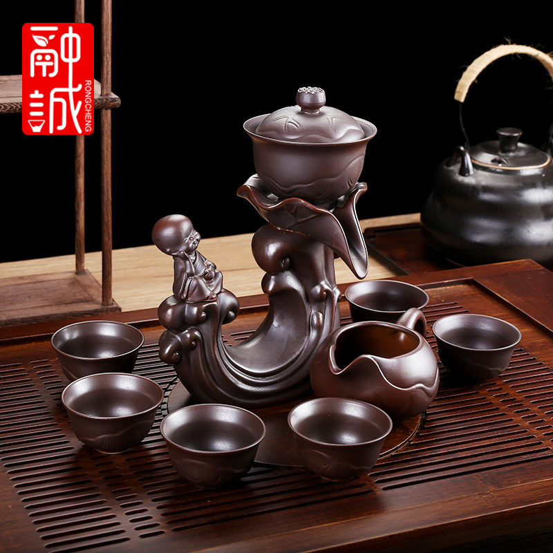 陶瓷茶具套装家用会客功夫茶具半全自动石磨懒人冲茶器泡茶杯整套