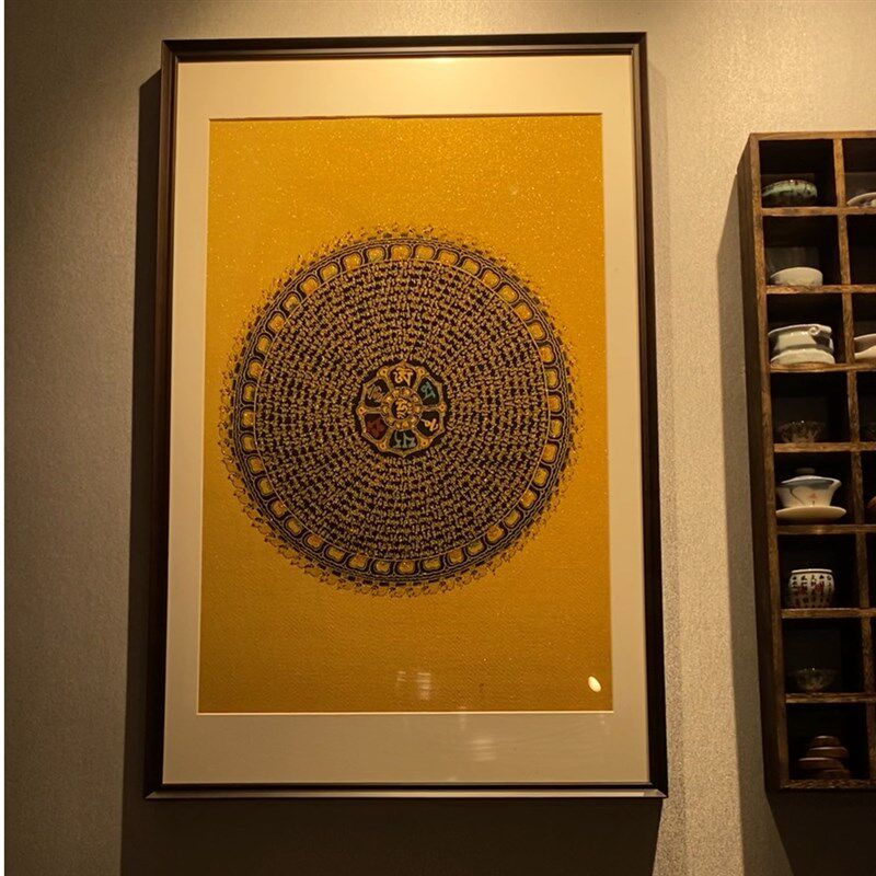 六字竖言西藏唐卡式绣装饰挂画真款立体民族风手工玄关中刺客厅木