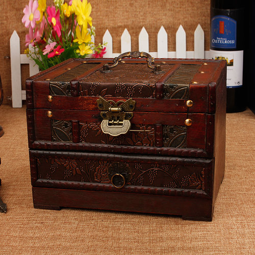 仿古木质梳妆盒带镜子带锁复古收纳盒流苏步摇首饰盒木盒结婚礼品