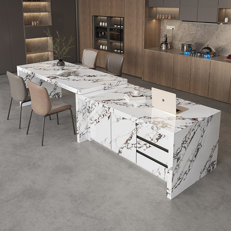 岩板岛台餐桌一体手动伸缩家用厨房旋转中岛台极简导台加餐桌