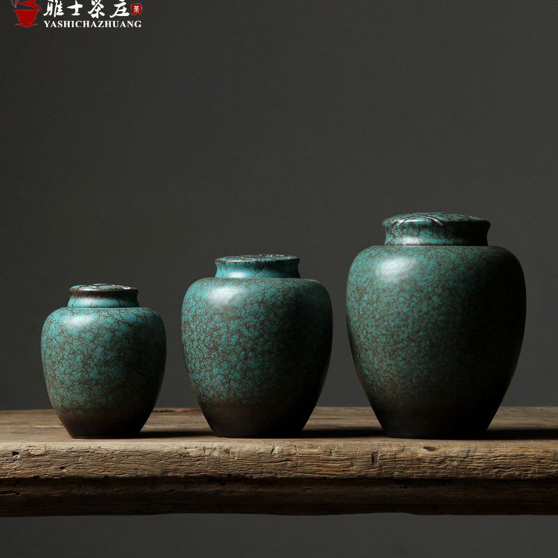 日式粗陶茶叶罐 描银杏叶密封罐绿茶普洱茶仓茶盒 功夫茶具醒茶罐