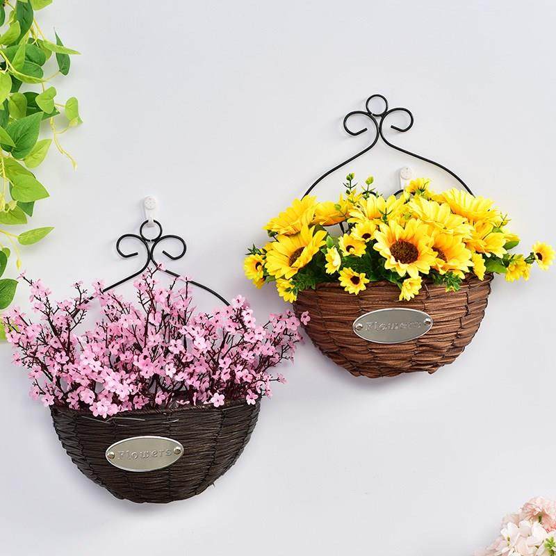 壁挂式藤编花篮挂墙田园风客厅卧室墙面墙上装饰铁艺绿植花盆挂件