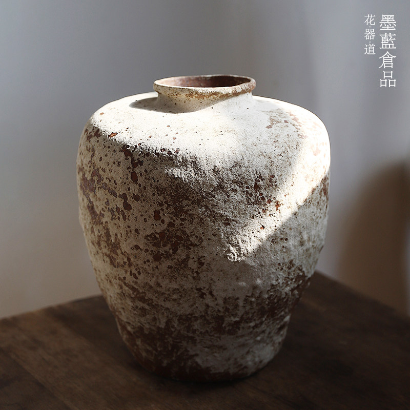 侘寂风粗陶花器 中式复古陶罐子做旧插花古朴花瓶摆件客厅玄关
