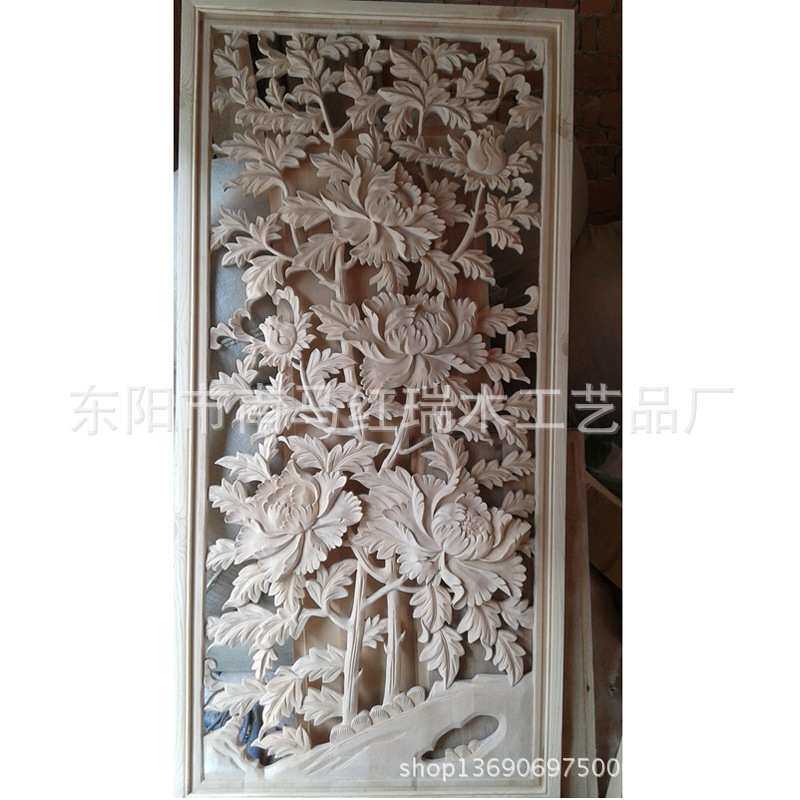 厂家直供 中式浮雕隔断屏风家具 仿古椴木富贵牡丹屏风