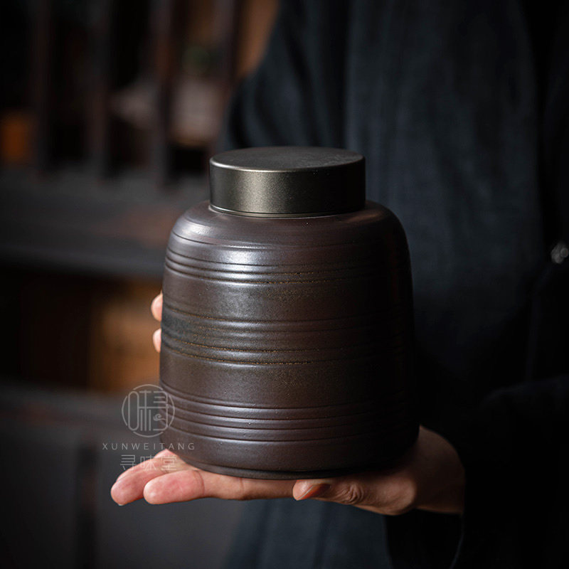 古铜釉粗陶大号罐合金双盖茶叶罐鎏金铁锈釉密封储茶罐陶瓷茶具
